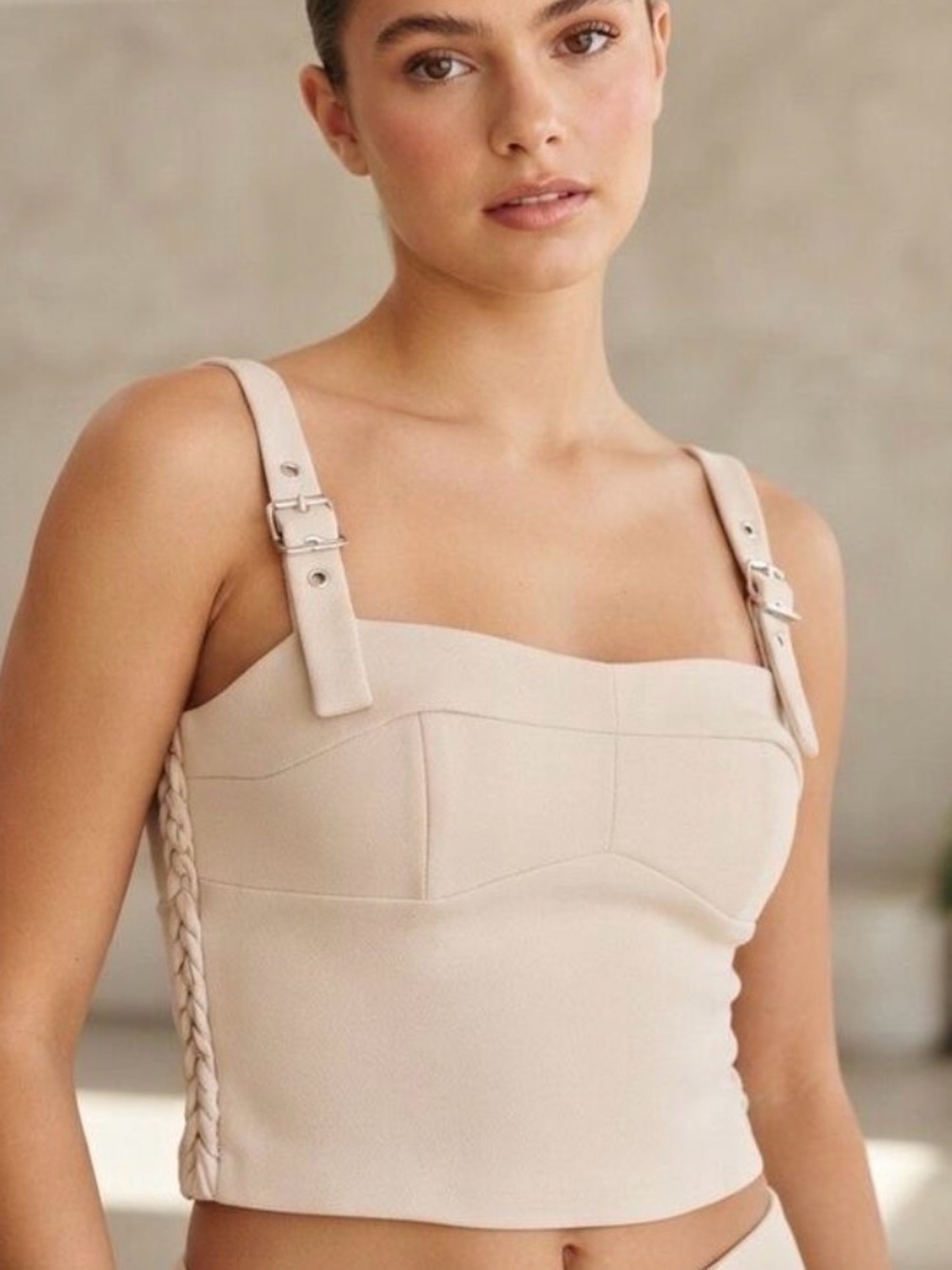 126~ NWT~ Amanda Uprichard Buckle-Strap Crop Top in Soft Tan